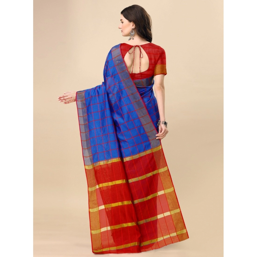 Women's Cotton Silk Checkered Saree With Unstitched Blouse 5.5Mtr (Blue) - Image 4