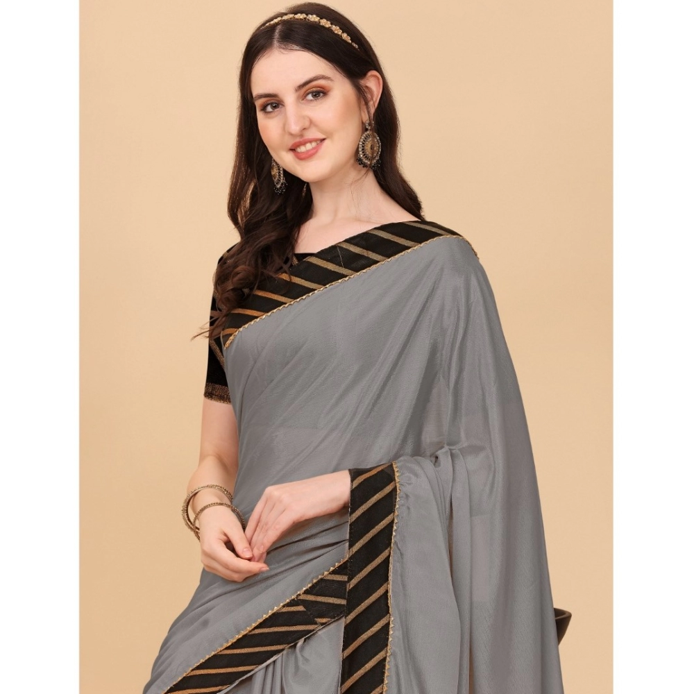 Women's Chiffon Self Design Saree With Unstitched Blouse 5.5Mtr (Silver) - Image 4