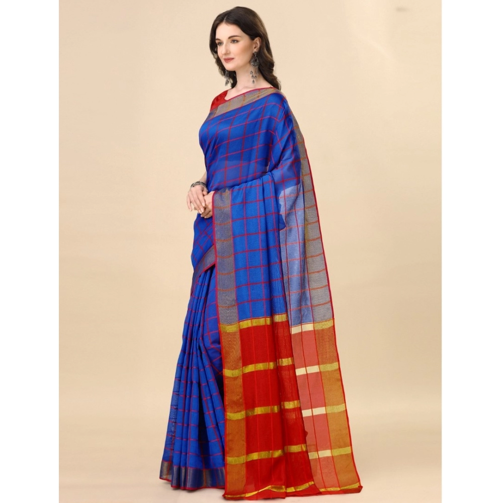 Women's Cotton Silk Checkered Saree With Unstitched Blouse 5.5Mtr (Blue) - Image 3