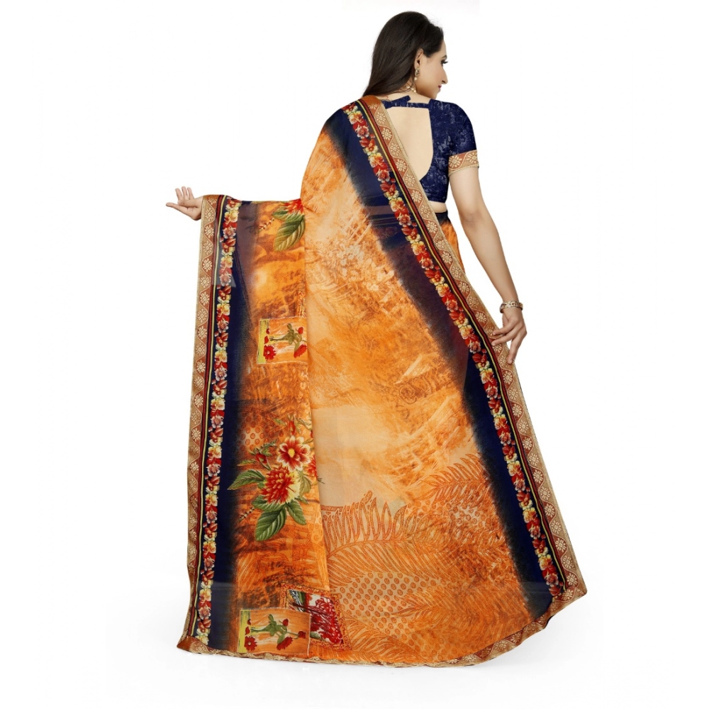 Women's Georgette Floral Print Saree With Unstitched Blouse 5.5Mtr (Blue-Orange) - Image 4