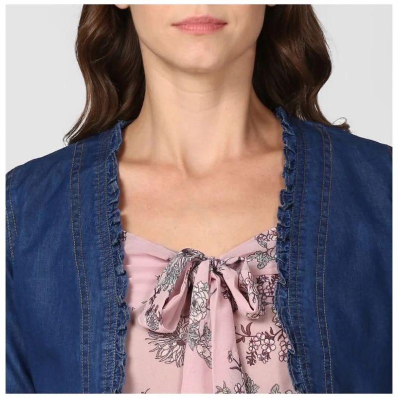 Alternative view of Women's Denim Ruffled Long Sleeves Shrug (Navy Blue)