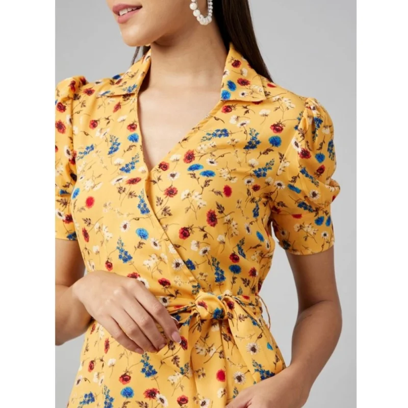 Alternative view of Women's Polyester Floral Short Sleeve Above Knee Dress (Yellow)