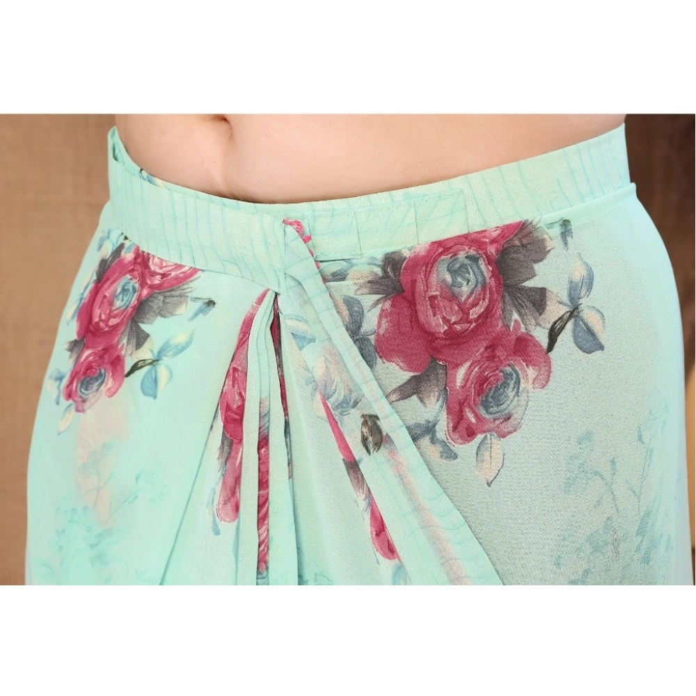 Women's Small Lace Georgette Printed Ready-to-Wear Saree With Unstitched Blouse 5.5 Mtr (Turquoise) - Image 2