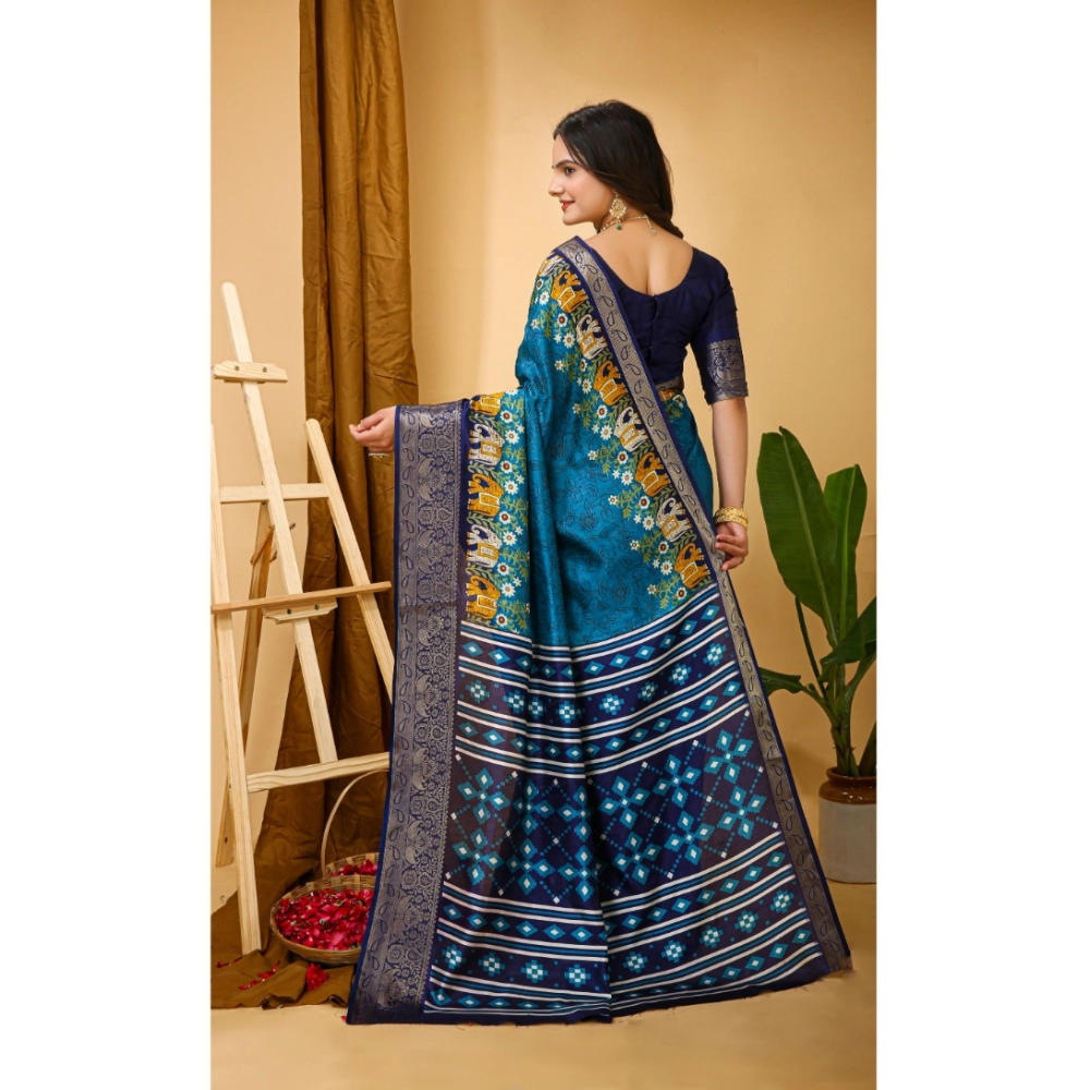 Women's Soft Dola Cotton Kalamkari Printed Saree With Unstitched Blouse 5.5Mtr (Blue) - Image 3