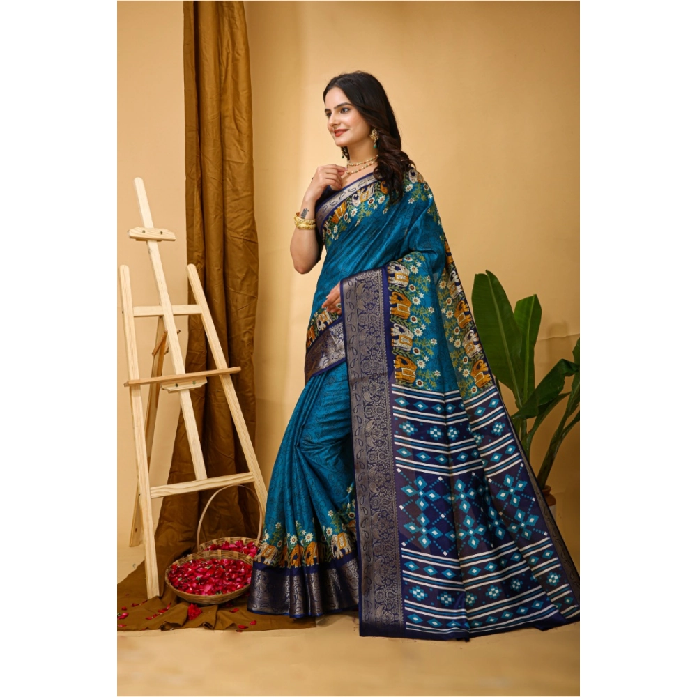Women's Soft Dola Cotton Kalamkari Printed Saree With Unstitched Blouse 5.5Mtr (Blue) - Image 4