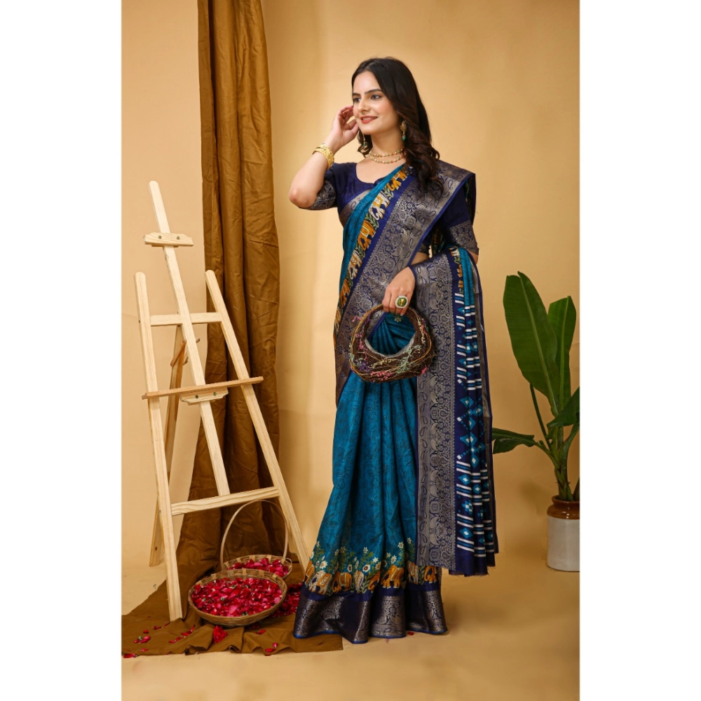 Women's Soft Dola Cotton Kalamkari Printed Saree With Unstitched Blouse 5.5Mtr (Blue) - Image 2