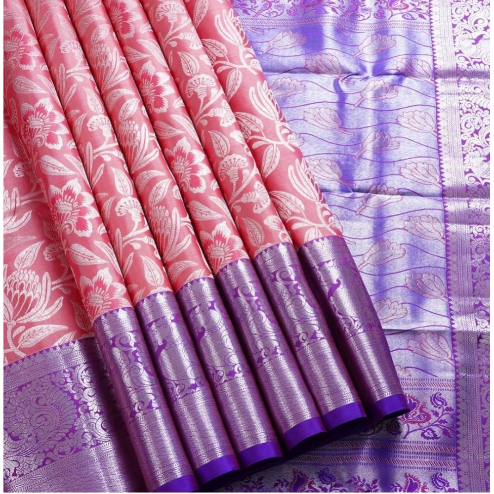 Women's Soft Lichi Silk Printed Saree With Unstitched Blouse 5.5Mtr (Purple) - Image 3