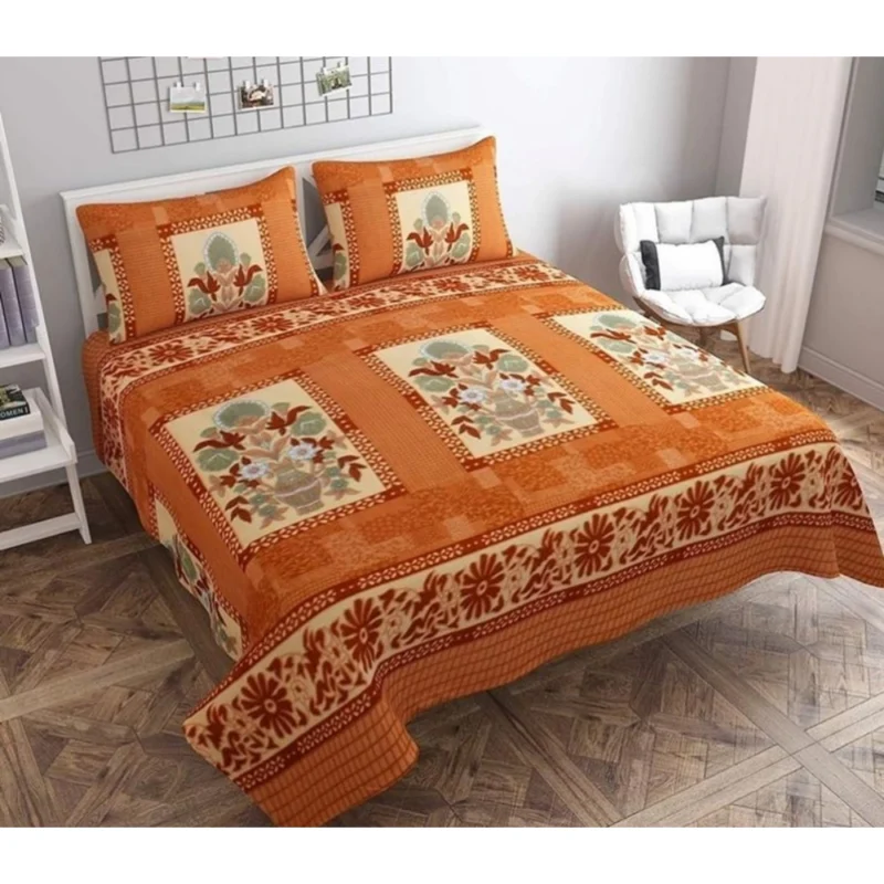 Fleece Floral Printed Double Polar Warm Bedsheet with 2 Pillow Cover (Orange)