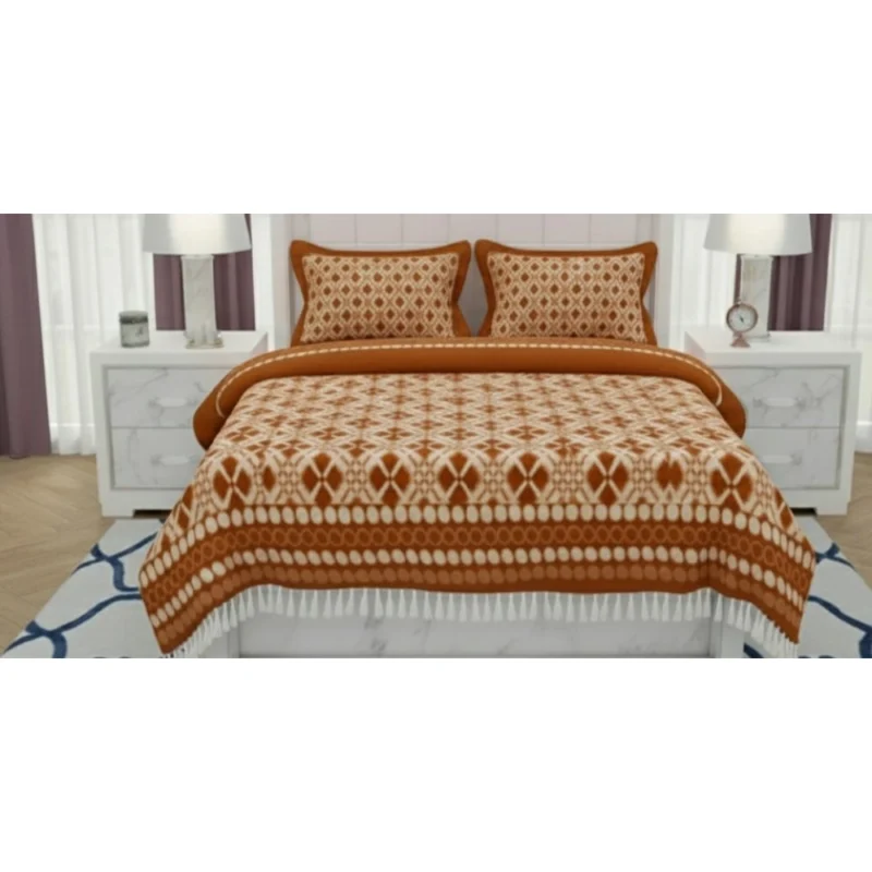 Fleece Geometric Double Polar Warm Bedsheet with 2 Pillow Cover (Orange)