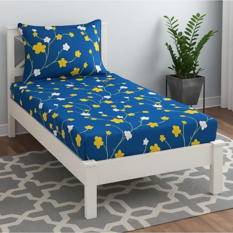 Microfiber Floral Printed Single Bedsheet with 1 Pillow Cover (Blue)