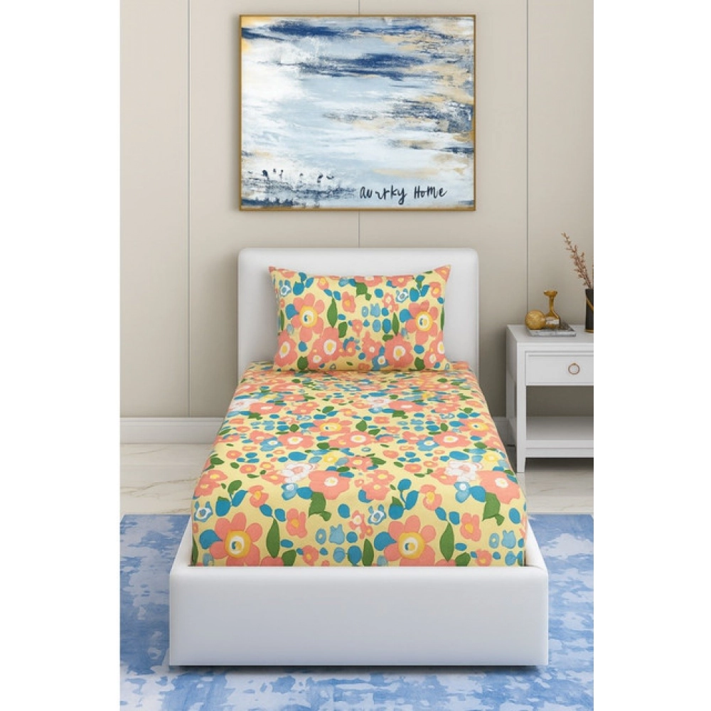 Cotton Blend Floral Printed Single Bedsheet with 1 Pillow Cover (Yellow)