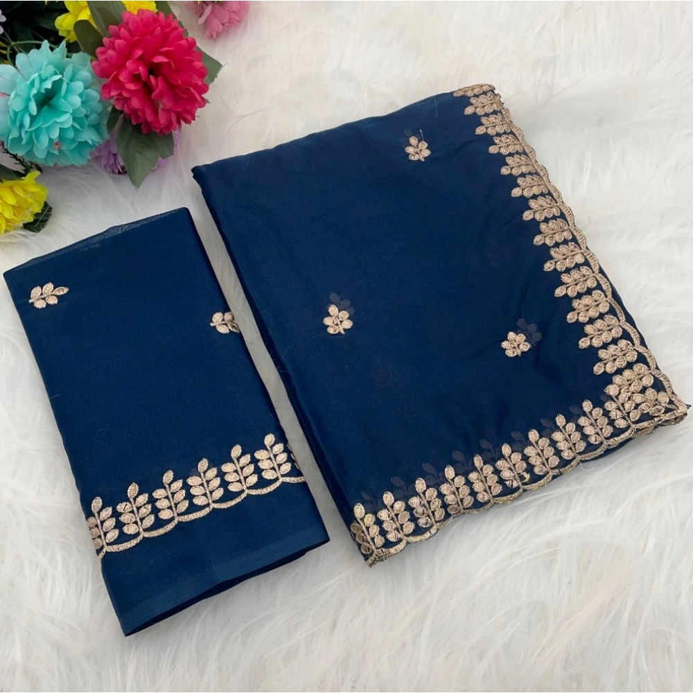 Women's Georgette Embroidered Saree With Unstitched Blouse 5.5Mtr (Blue)