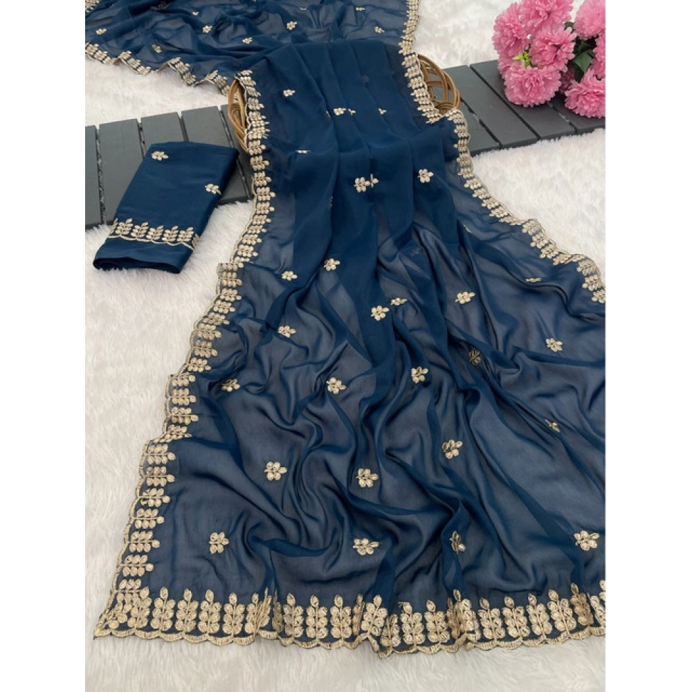 Women's Georgette Embroidered Saree With Unstitched Blouse 5.5Mtr (Blue) - Image 2