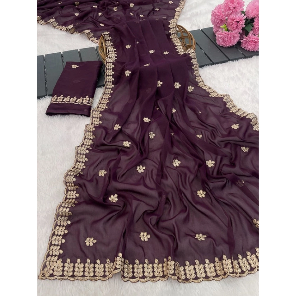 Women's Georgette Embroidered Saree With Unstitched Blouse 5.5Mtr (Wine) - Image 2