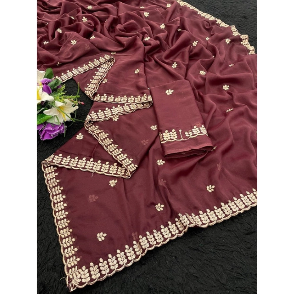 Women's Georgette Embroidered Saree With Unstitched Blouse 5.5Mtr (Maroon) - Image 2