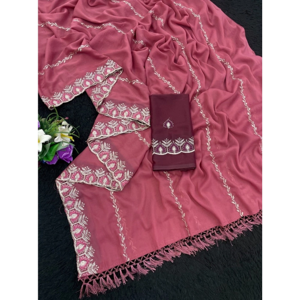 Women's Georgette Embroidered Saree With Unstitched Blouse 5.5Mtr (Red) - Image 2