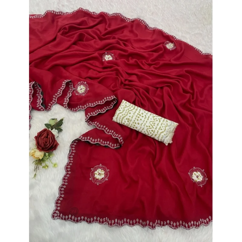 Alternative view of Women's Chiffon Butti Dotted Saree With Unstitched Blouse 5.5Mtr (Red)