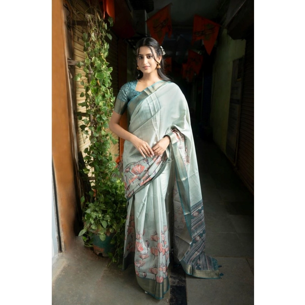 Women's Polyester Printed Saree With Unstitched Blouse 5.5 Mtr?(Rama)