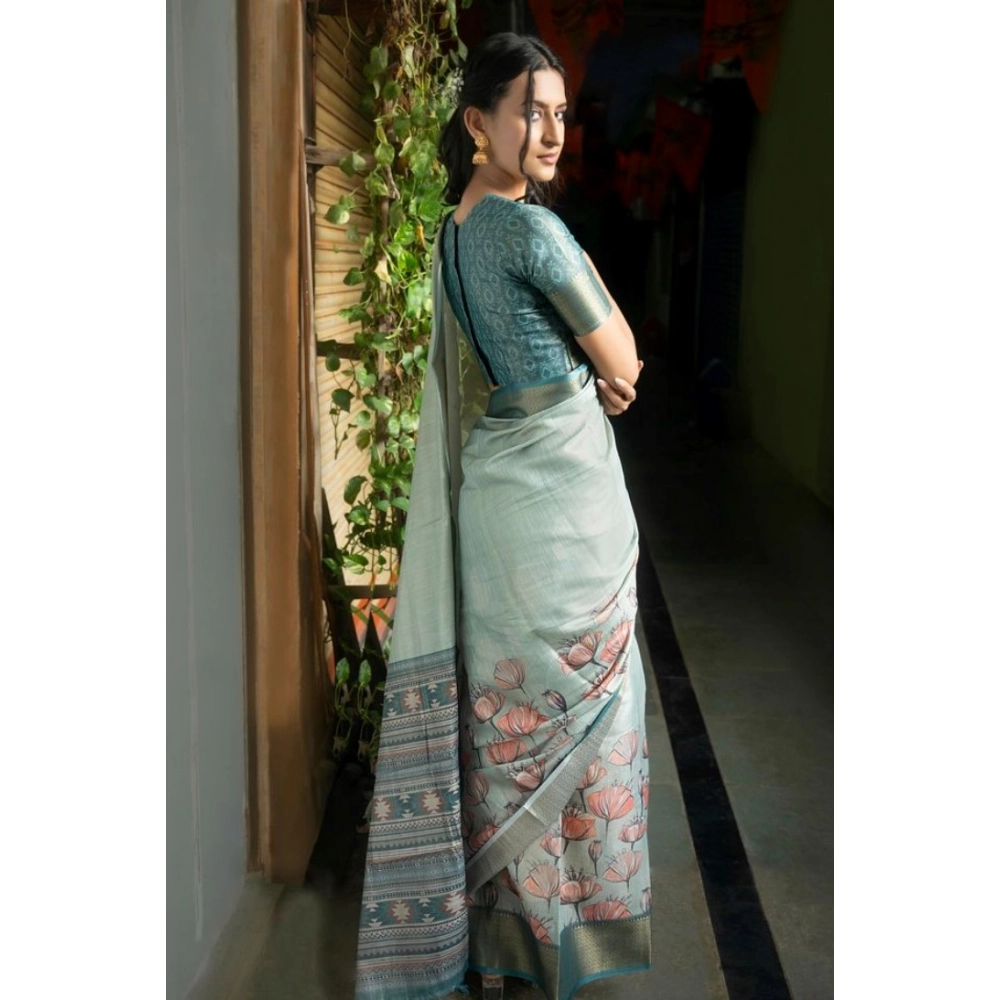 Women's Polyester Printed Saree With Unstitched Blouse 5.5 Mtr?(Rama) - Image 3