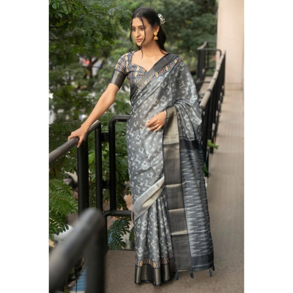 Women's Polyester Printed Saree With Unstitched Blouse 5.5 Mtr?(Grey)