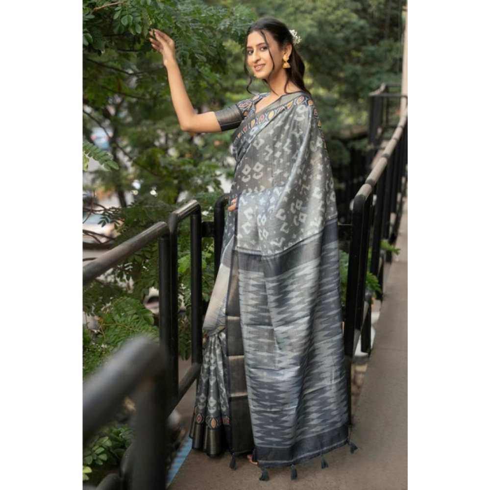 Women's Polyester Printed Saree With Unstitched Blouse 5.5 Mtr?(Grey) - Image 4