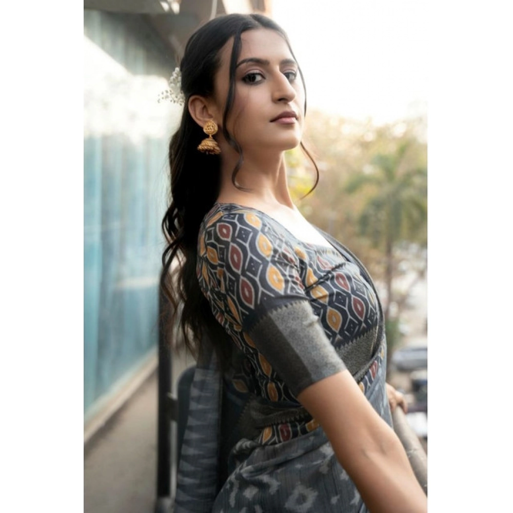 Women's Polyester Printed Saree With Unstitched Blouse 5.5 Mtr?(Grey) - Image 2