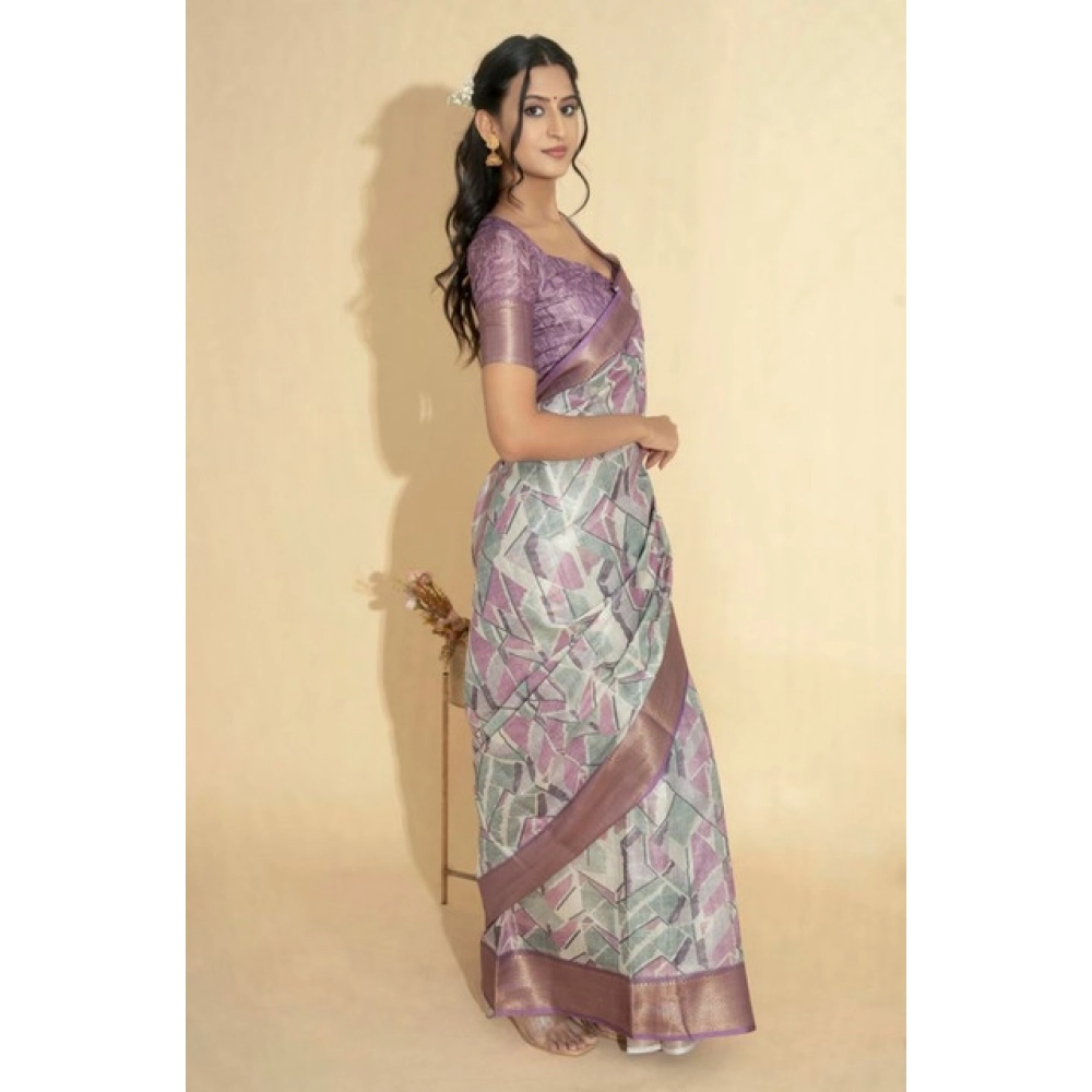 Women's Polyester Printed Saree With Unstitched Blouse 5.5 Mtr?(Light Purple) - Image 4
