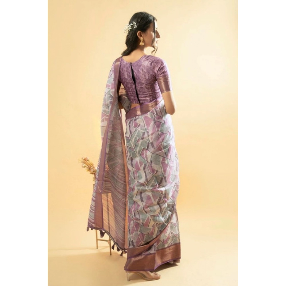 Women's Polyester Printed Saree With Unstitched Blouse 5.5 Mtr?(Light Purple) - Image 3