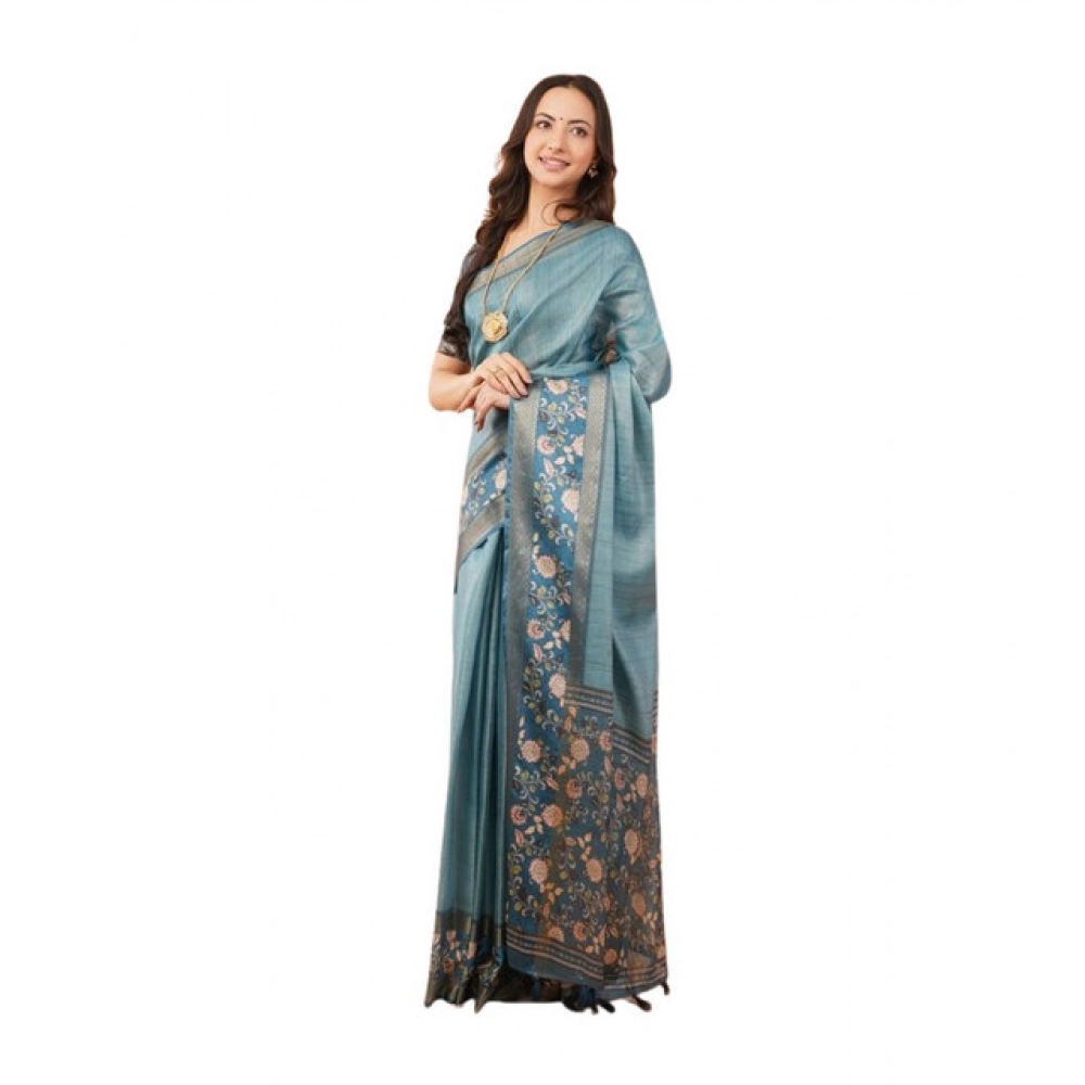 Women's Polyester Printed Saree With Unstitched Blouse 5.5 Mtr?(Blue)