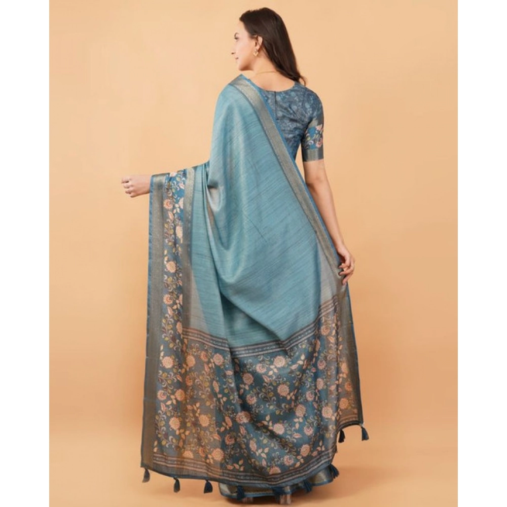 Women's Polyester Printed Saree With Unstitched Blouse 5.5 Mtr?(Blue) - Image 2