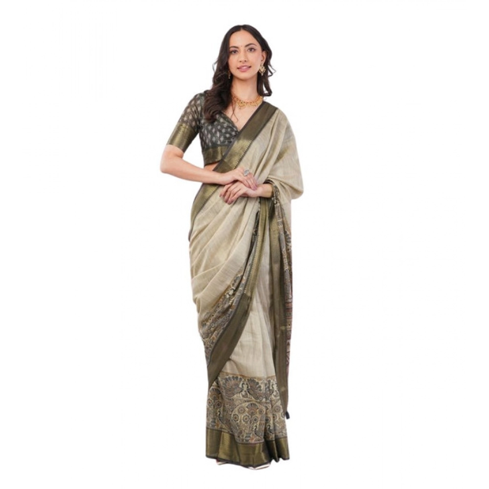 Women's Polyester Printed Ready To Wear Saree With Unstitched Blouse 5.5 Mtr?(Beige)