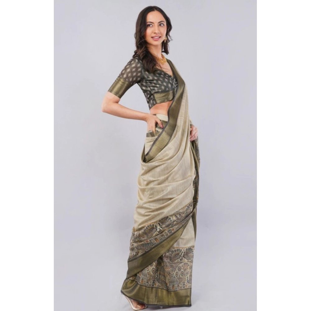 Women's Polyester Printed Ready To Wear Saree With Unstitched Blouse 5.5 Mtr?(Beige) - Image 4