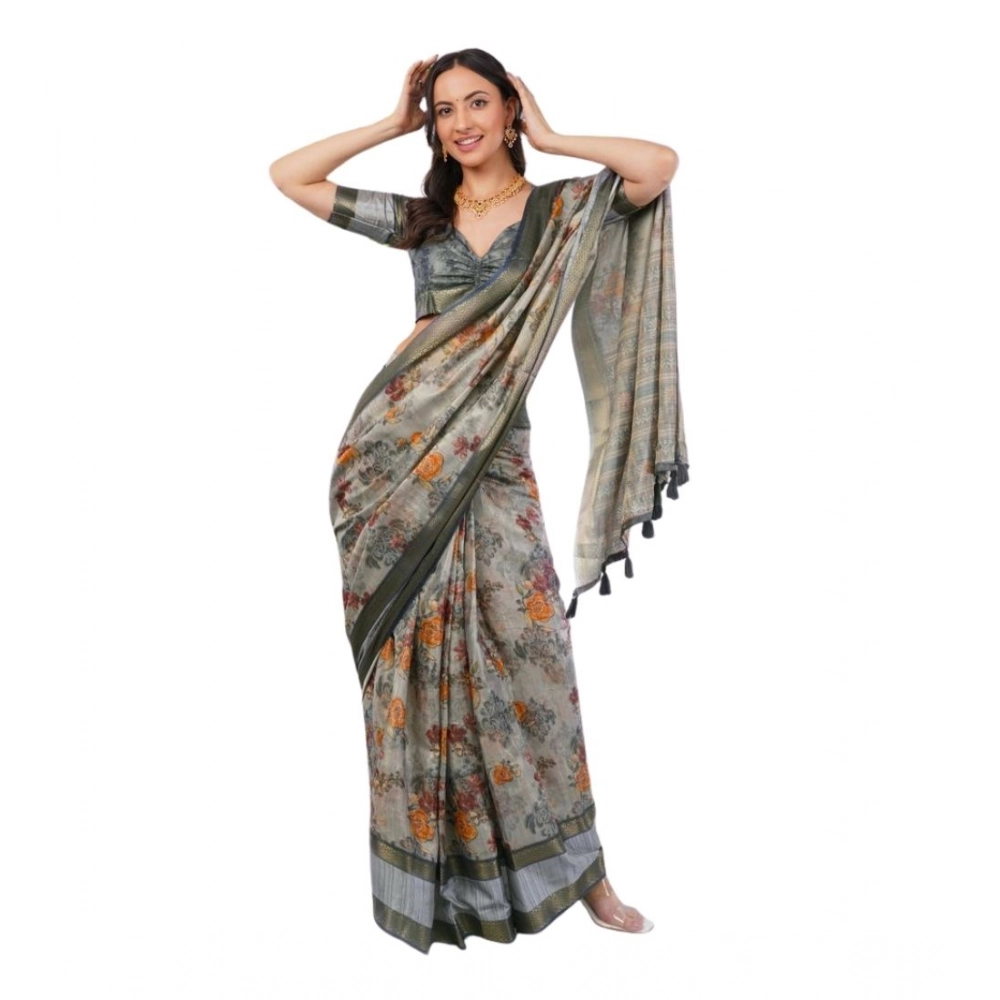 Women's Polyester Printed Ready To Wear Saree With Unstitched Blouse 5.5 Mtr?(Light Grey)