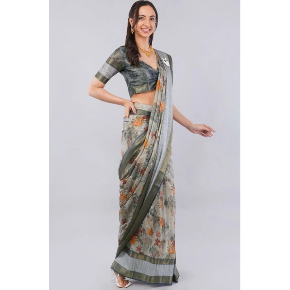 Women's Polyester Printed Ready To Wear Saree With Unstitched Blouse 5.5 Mtr?(Light Grey) - Image 3