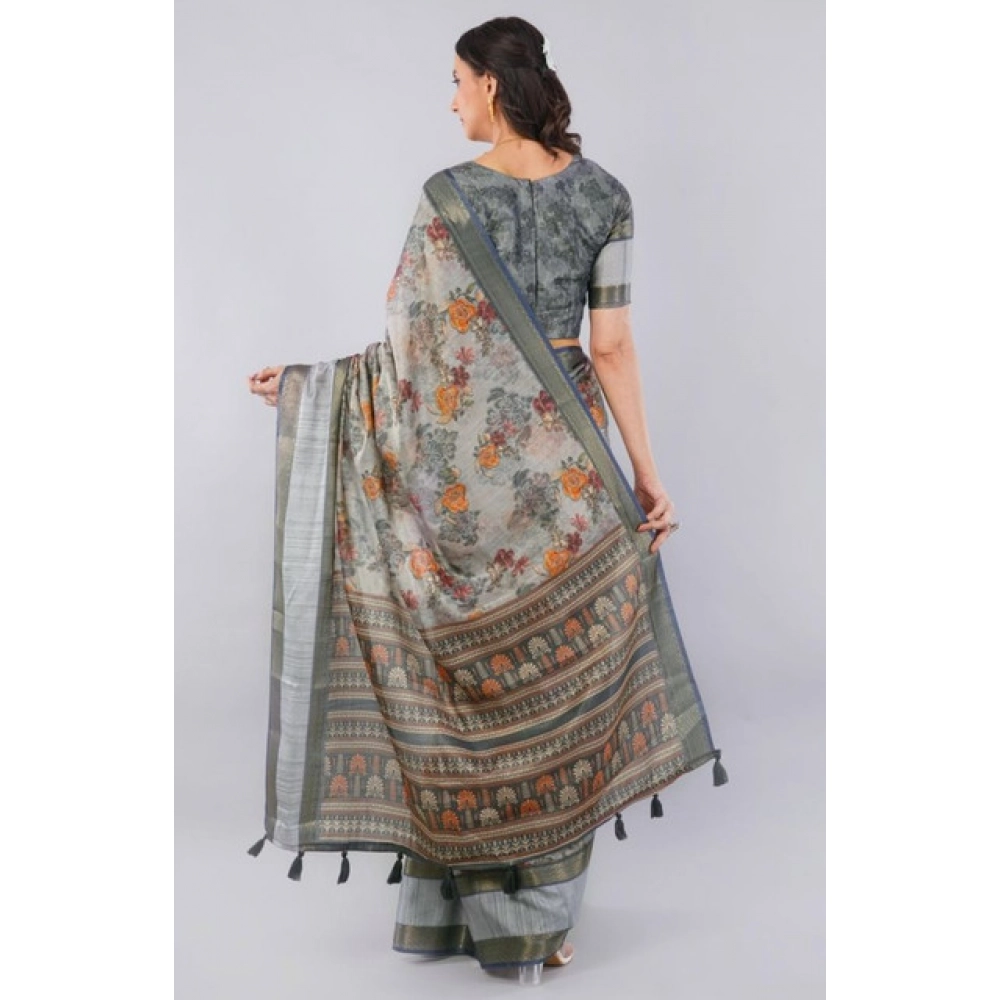 Women's Polyester Printed Ready To Wear Saree With Unstitched Blouse 5.5 Mtr?(Light Grey) - Image 4