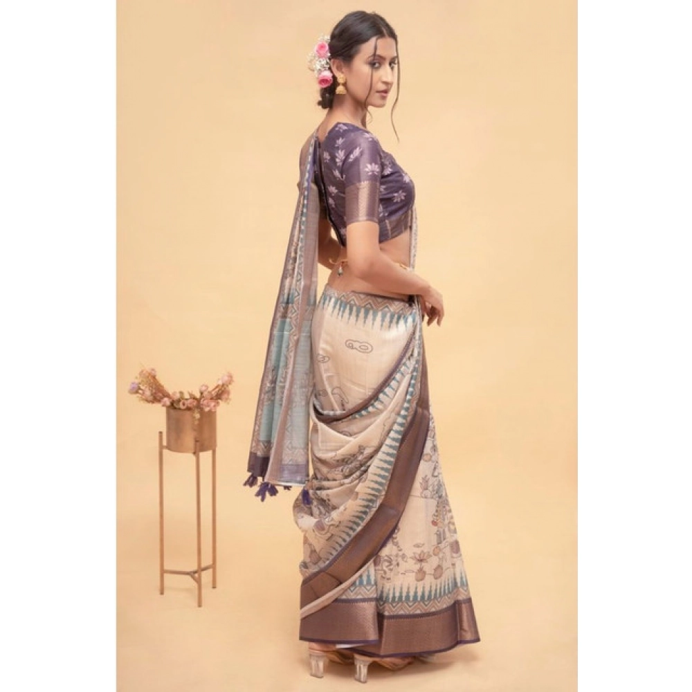 Women's Polyester Printed Saree With Unstitched Blouse 5.5 Mtr?(Off-White) - Image 3