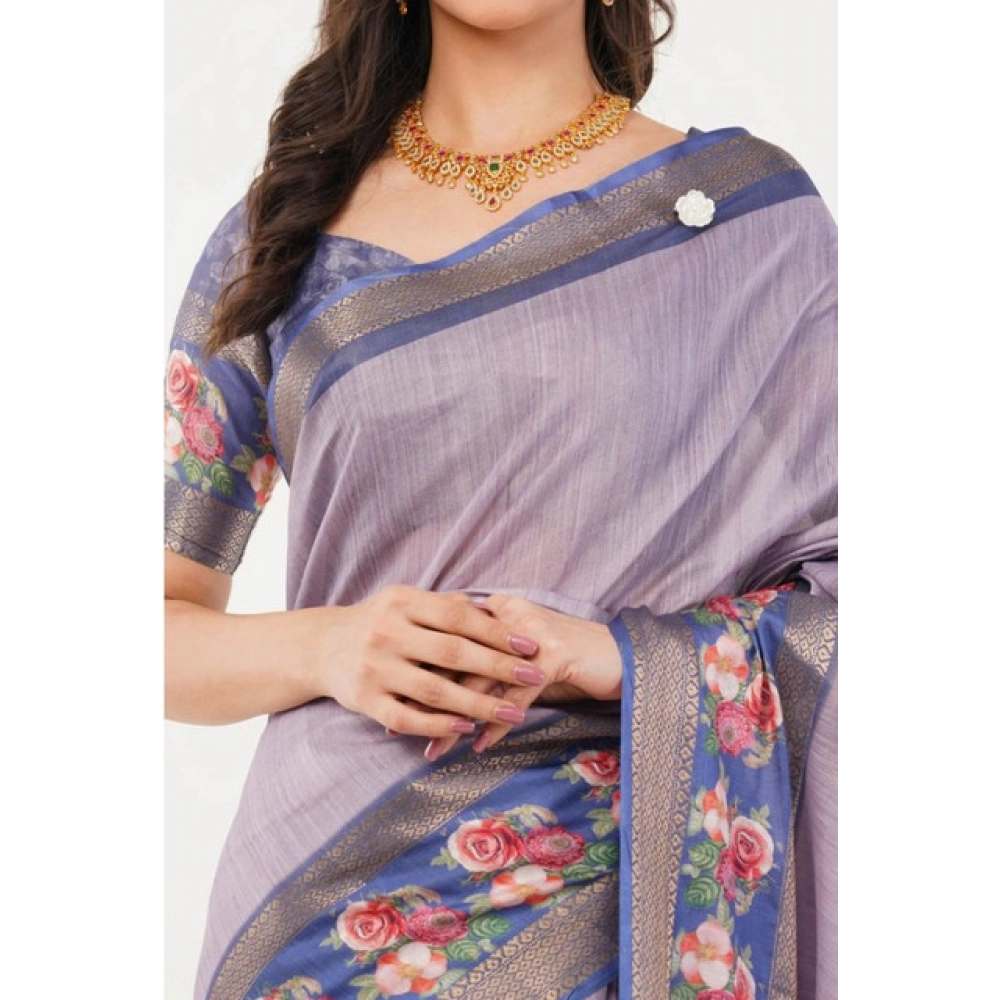 Women's Polyester Printed Saree With Unstitched Blouse 5.5 Mtr?(Purple) - Image 2
