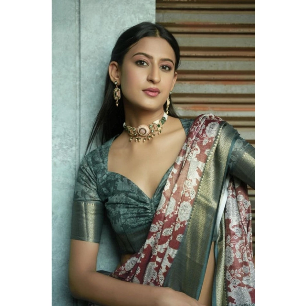 Women's Polyester Printed Saree With Unstitched Blouse 5.5 Mtr?(Maroon) - Image 3