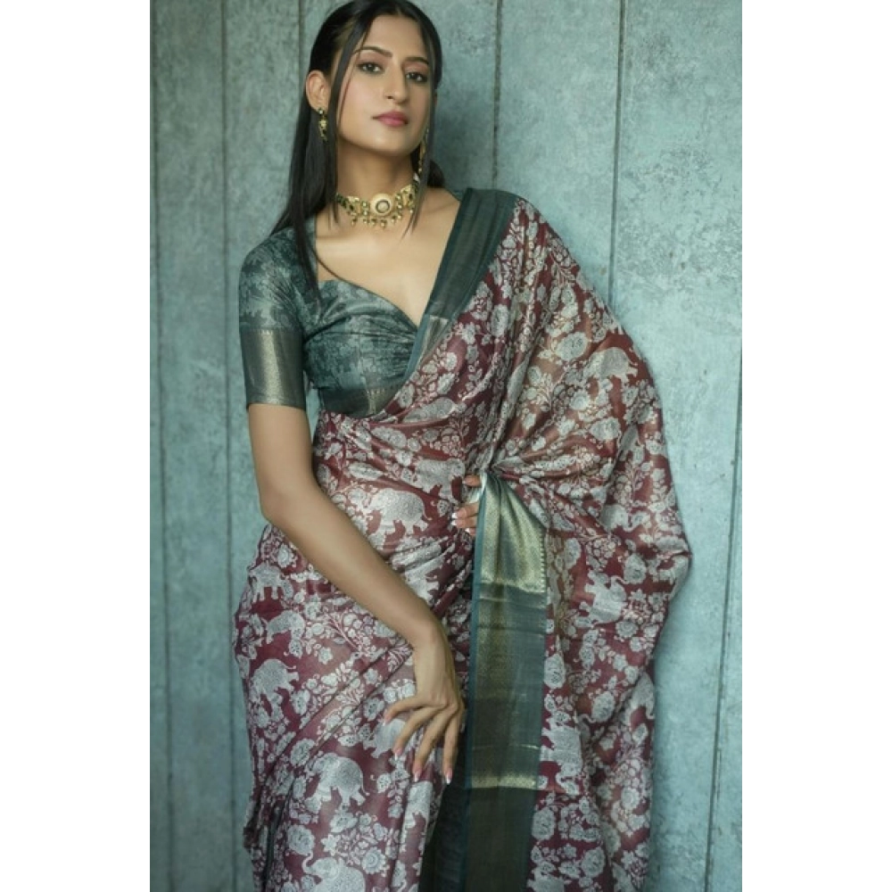 Women's Polyester Printed Saree With Unstitched Blouse 5.5 Mtr?(Maroon) - Image 2