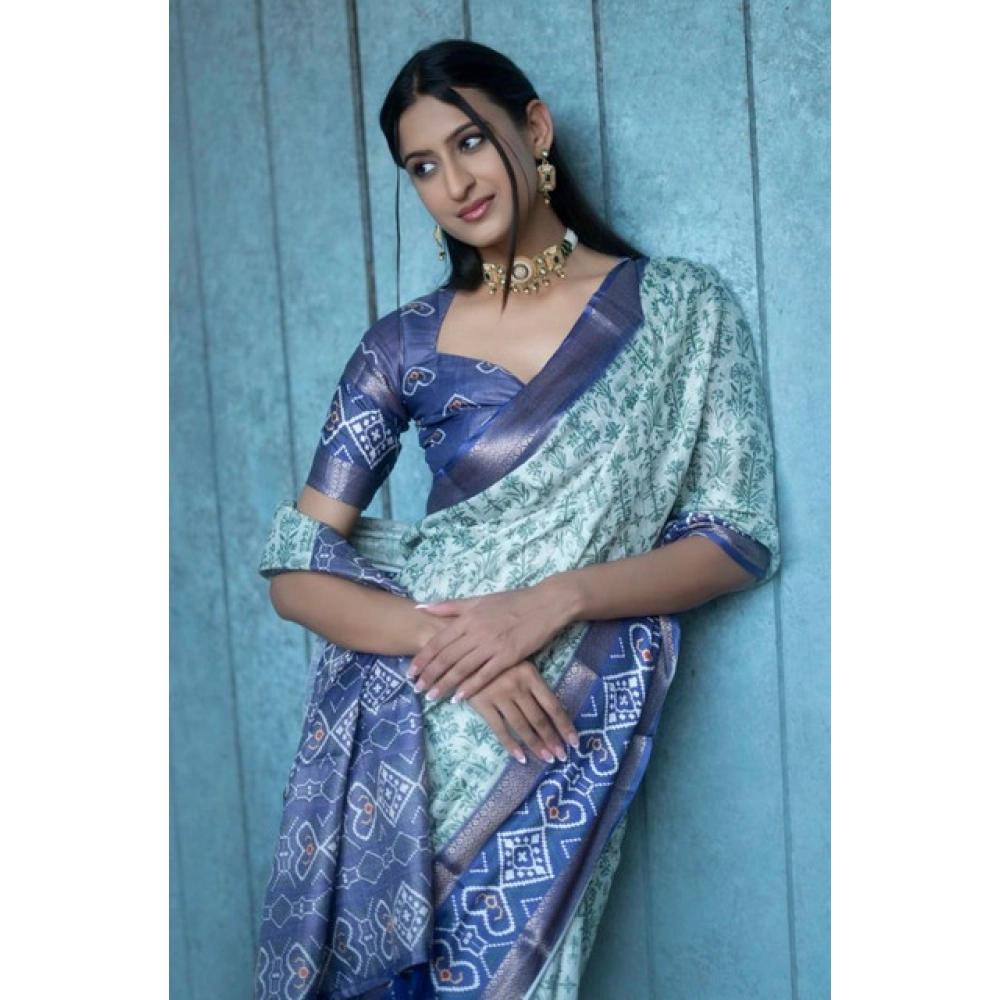 Women's Polyester Printed Saree With Unstitched Blouse 5.5 Mtr?(Green) - Image 4