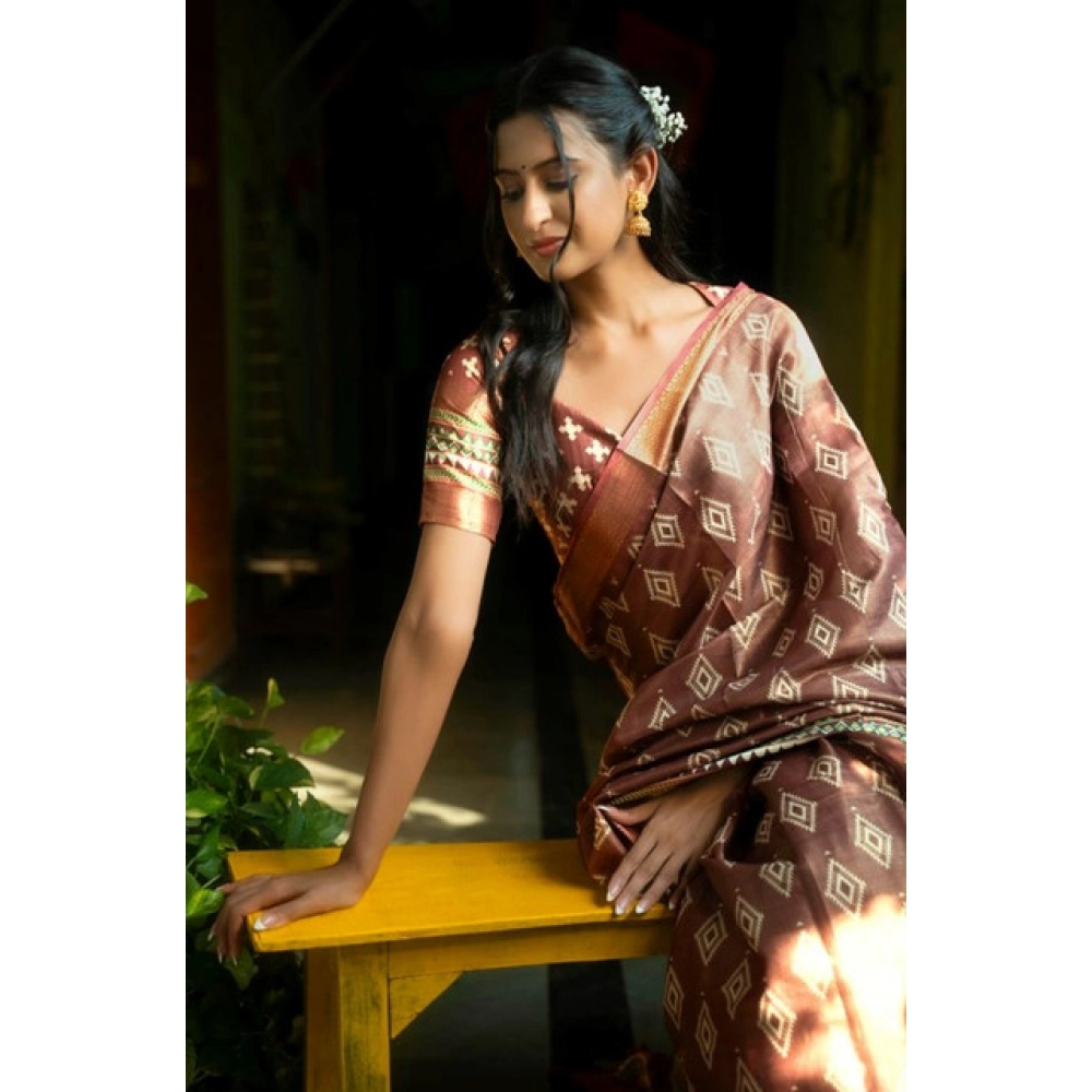 Women's Polyester Printed Saree With Unstitched Blouse 5.5 Mtr?(Maroon) - Image 2