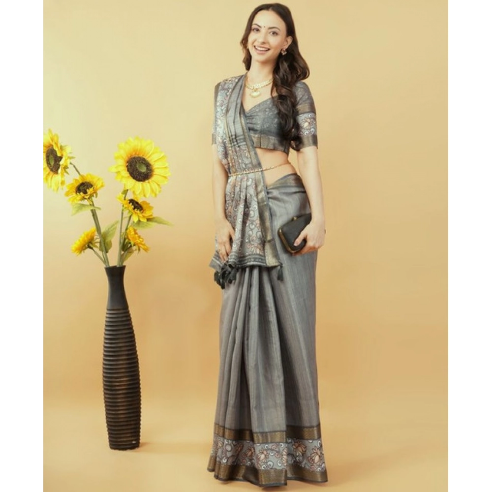 Women's Polyester Printed Saree With Unstitched Blouse 5.5 Mtr?(Grey) - Image 4