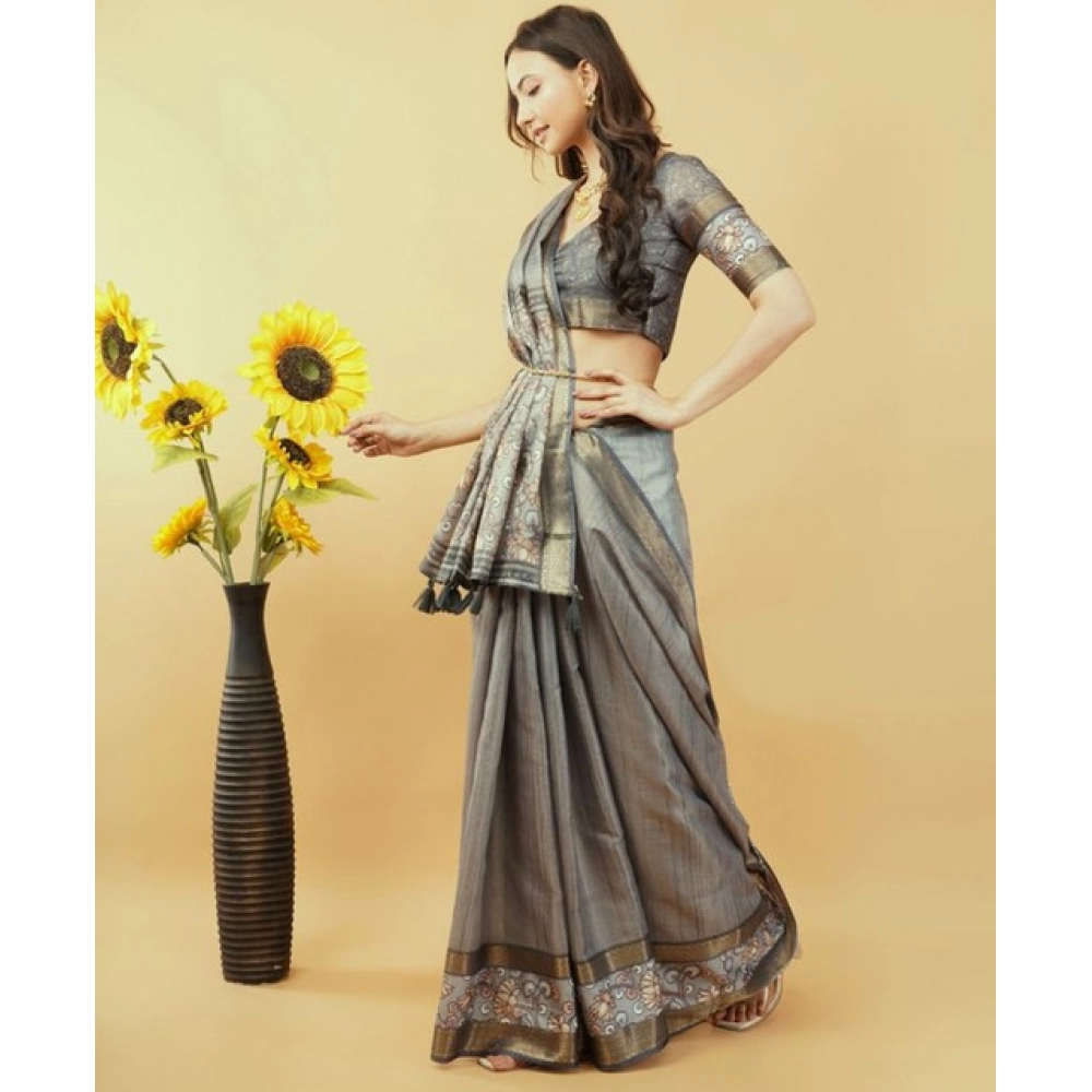 Women's Polyester Printed Saree With Unstitched Blouse 5.5 Mtr?(Grey) - Image 3