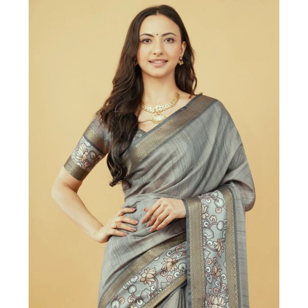 Women's Polyester Printed Saree With Unstitched Blouse 5.5 Mtr?(Grey) - Image 2