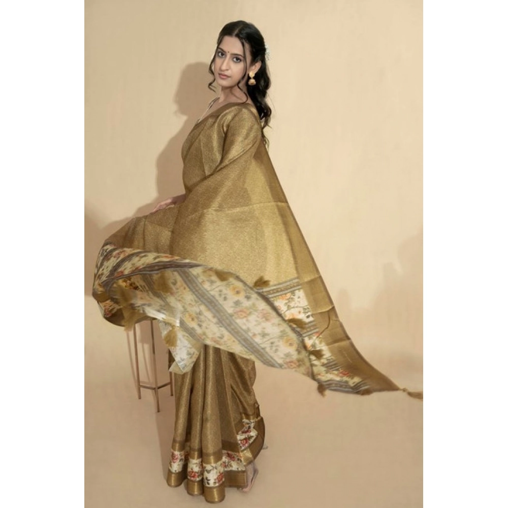 Women's Polyester Printed Saree With Unstitched Blouse 5.5 Mtr?(Gold) - Image 4