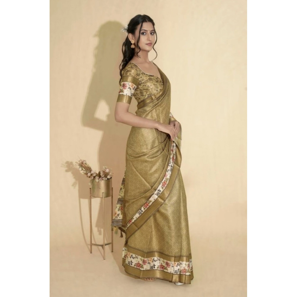 Women's Polyester Printed Saree With Unstitched Blouse 5.5 Mtr?(Gold) - Image 3