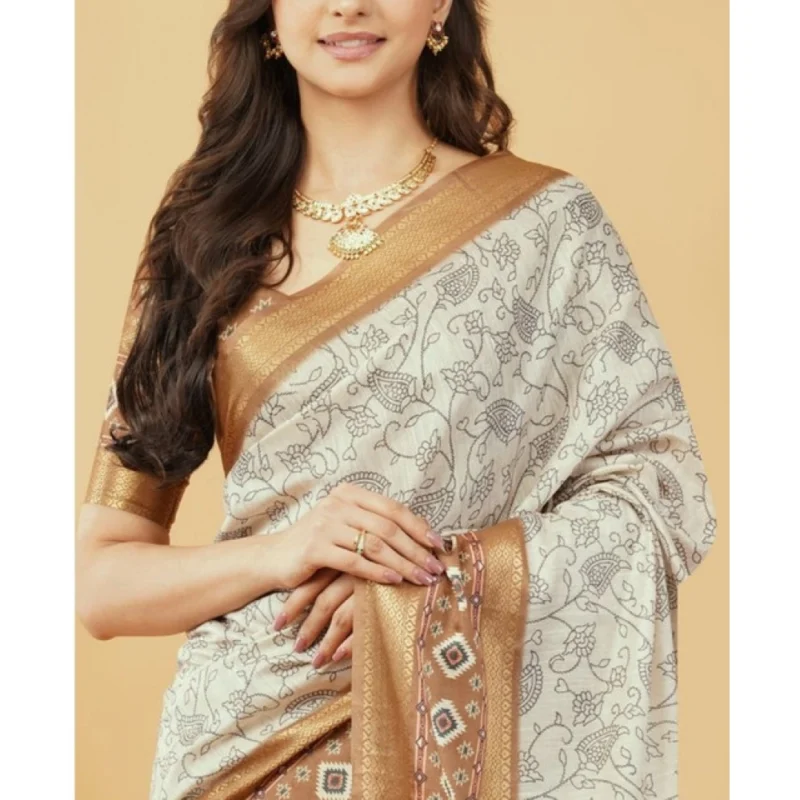 Alternative view of Women's Polyester Printed Saree With Unstitched Blouse 5.5 Mtr?(Off-White)