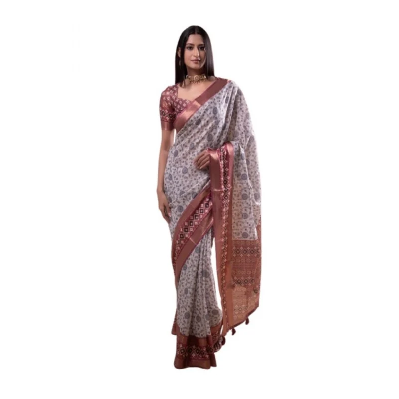Women's Polyester Printed Saree With Unstitched Blouse 5.5 Mtr?(Off-White)