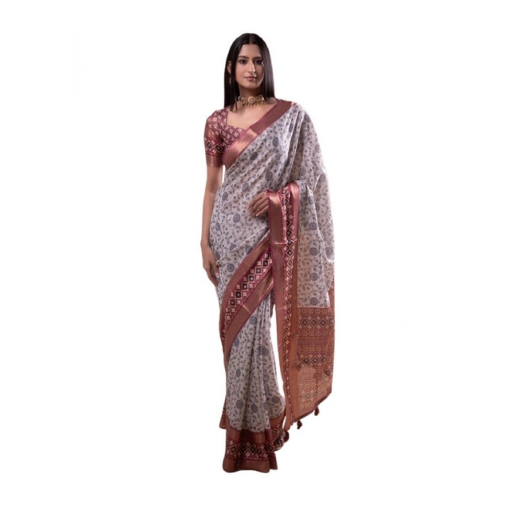 Women's Polyester Printed Saree With Unstitched Blouse 5.5 Mtr?(Off-White)