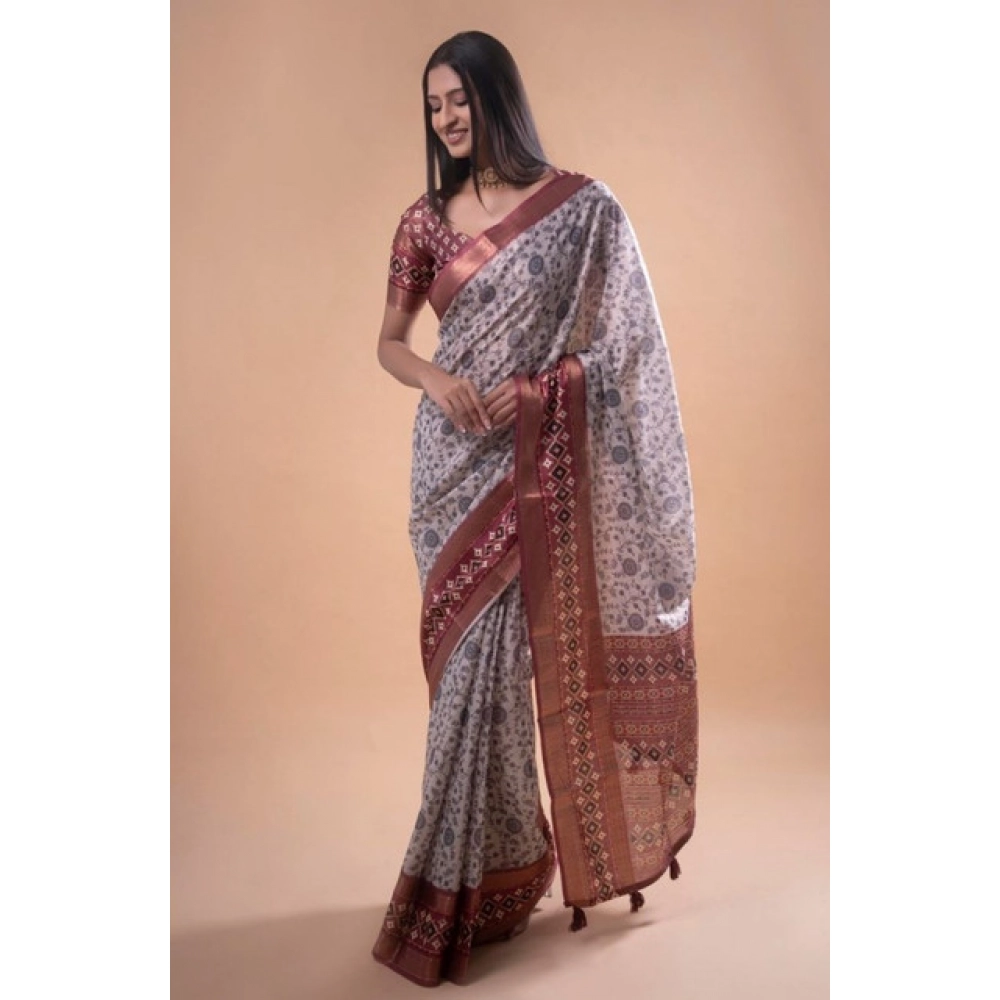 Women's Polyester Printed Saree With Unstitched Blouse 5.5 Mtr?(Off-White) - Image 4